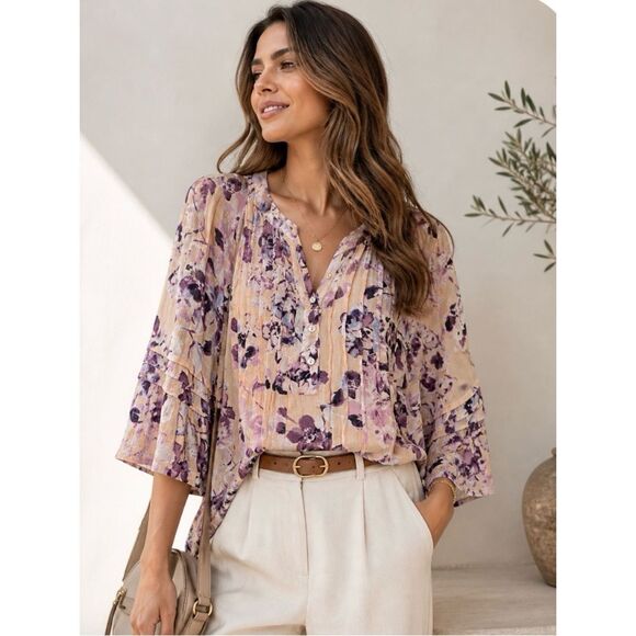 J. Jill Tops - J. Jill Floral Peasant Blouse M Petite Boho Ruffle Sleeve Lightweight Top